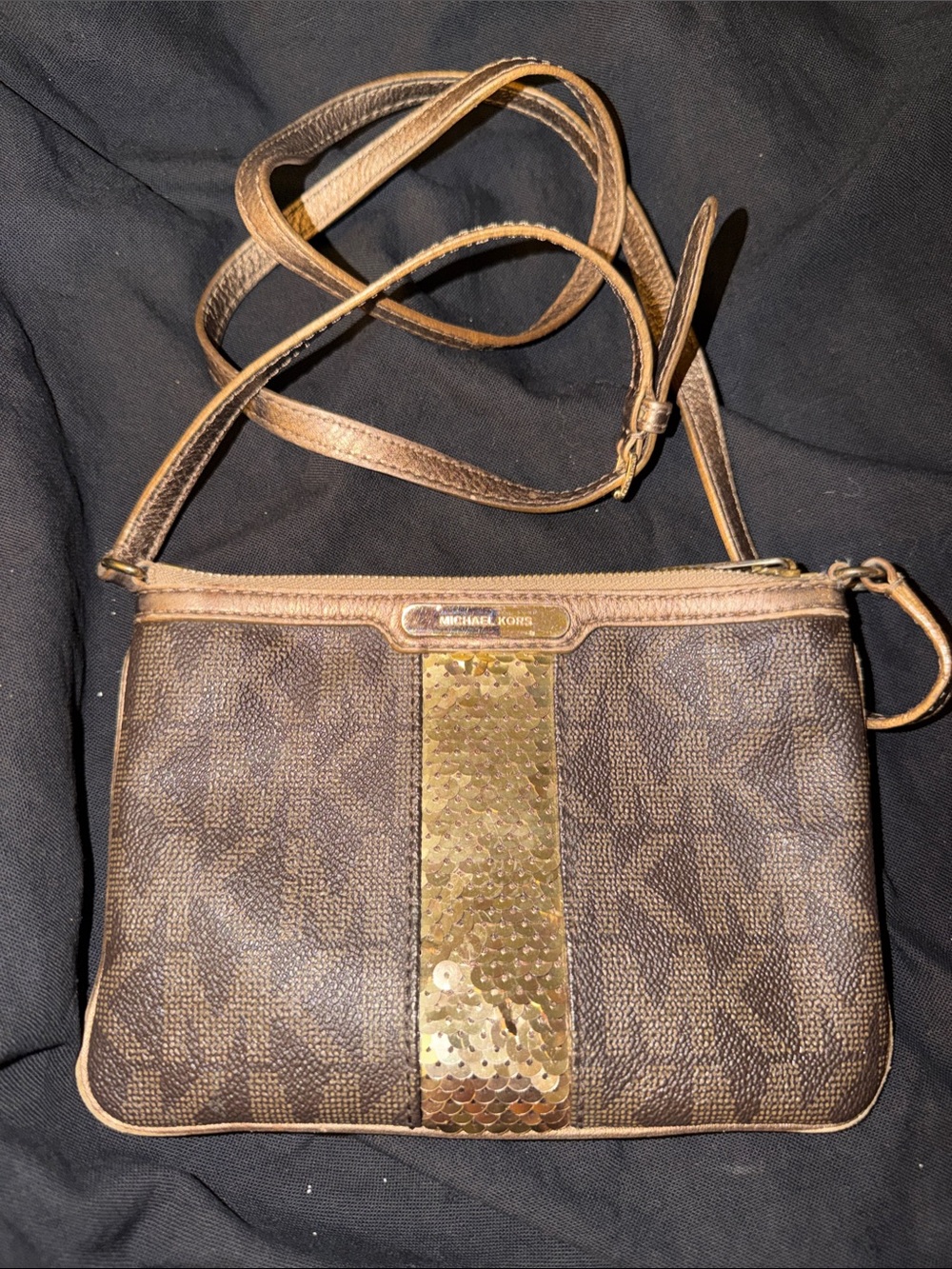 Michael Kors Brown Crossbody with Gold Sequin Stripe